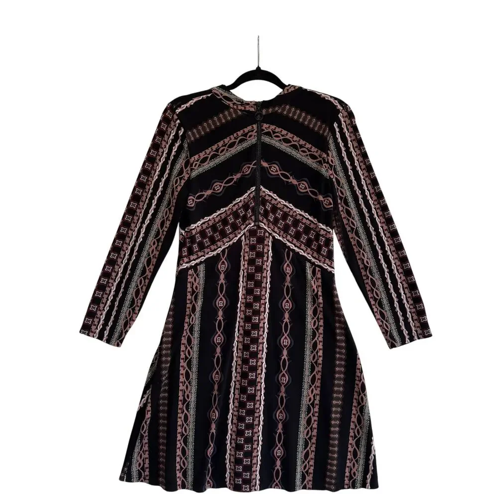 Free People Boho Geometric Print Long Sleeve A-Line Mini Dress Lined sz M